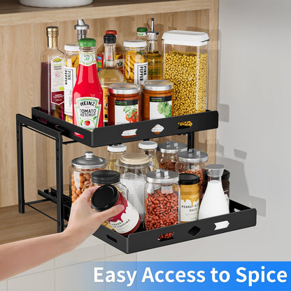 BOIVSHI Spice Organization for Cabinet, 2-Tier Cabinet Spice Rack, Height Adjustable Vertical Spice Rack Pull Out for Kitchen, Cabinet, Pantry (14.1''Wx10.8''Dx9.2''H, Metal Black)
