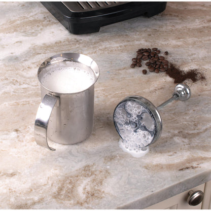 Fino Milk Creamer Frother Cappuccino Foam Pitcher with Handle and Lid, 18/8 Stainless Steel, 14-Ounce Capacity