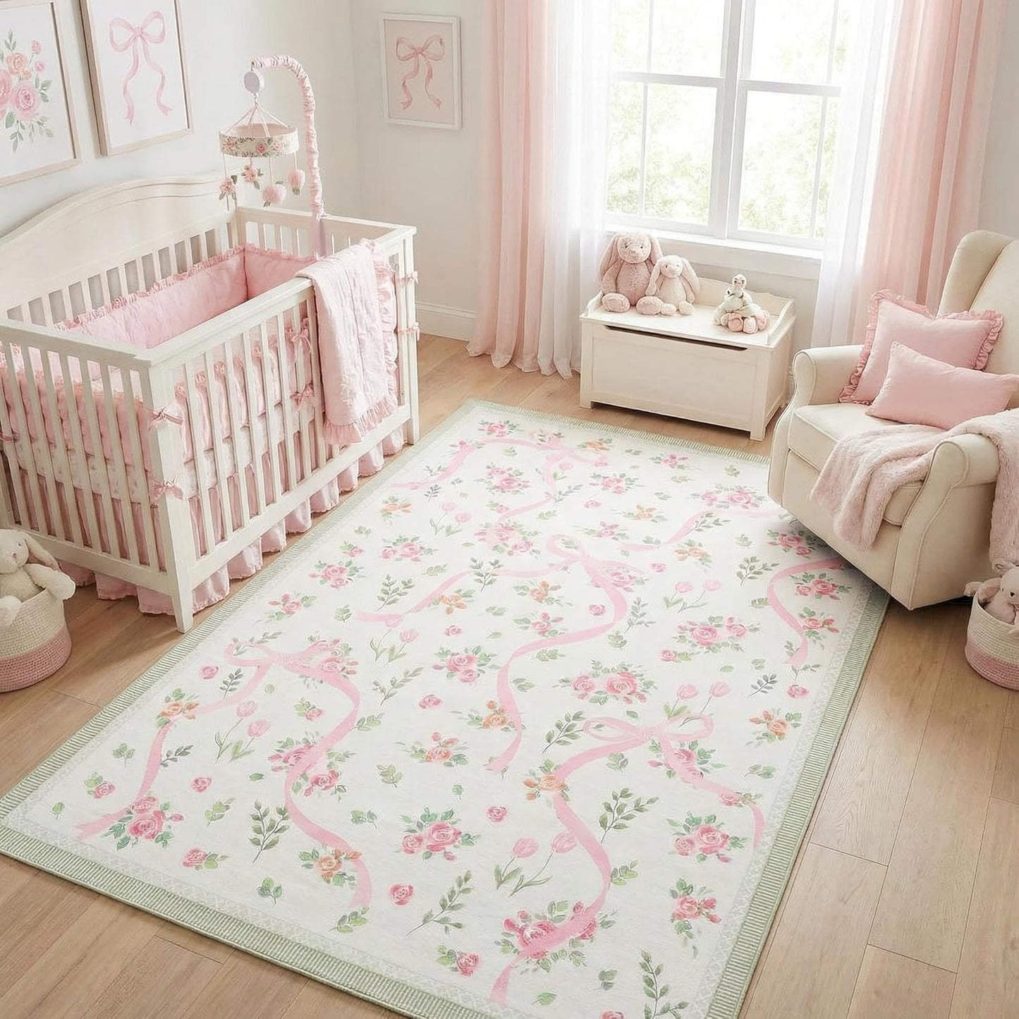 4x6 GarveeHome Coquette Pink and Green Bow Rugs for Bedroom Girls, Rug for Living Room with Soft Low Pile, Floral