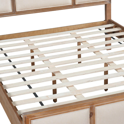 Queen Size Wooden Bed Frame with Upholstered Headboard, Natural Wood & Beige Fabric, Solid Wood Platform, Modern Farmhouse Style