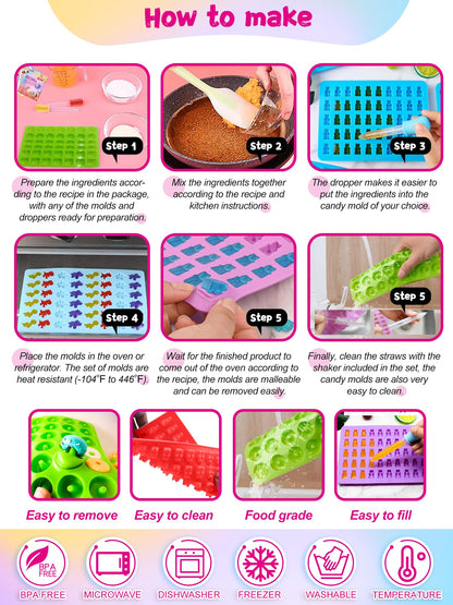 117Pcs Silicone Gummy Bear Molds Kit with 100 Wrappers, 5 Recipe Cards, 4 Droppers & 2 Brushes,Non-Stick Candy Mold for DIY Chocolate, Gummy Bears, Party Favors (Dinosaur, Bear, Fruits, Donut Shapes)