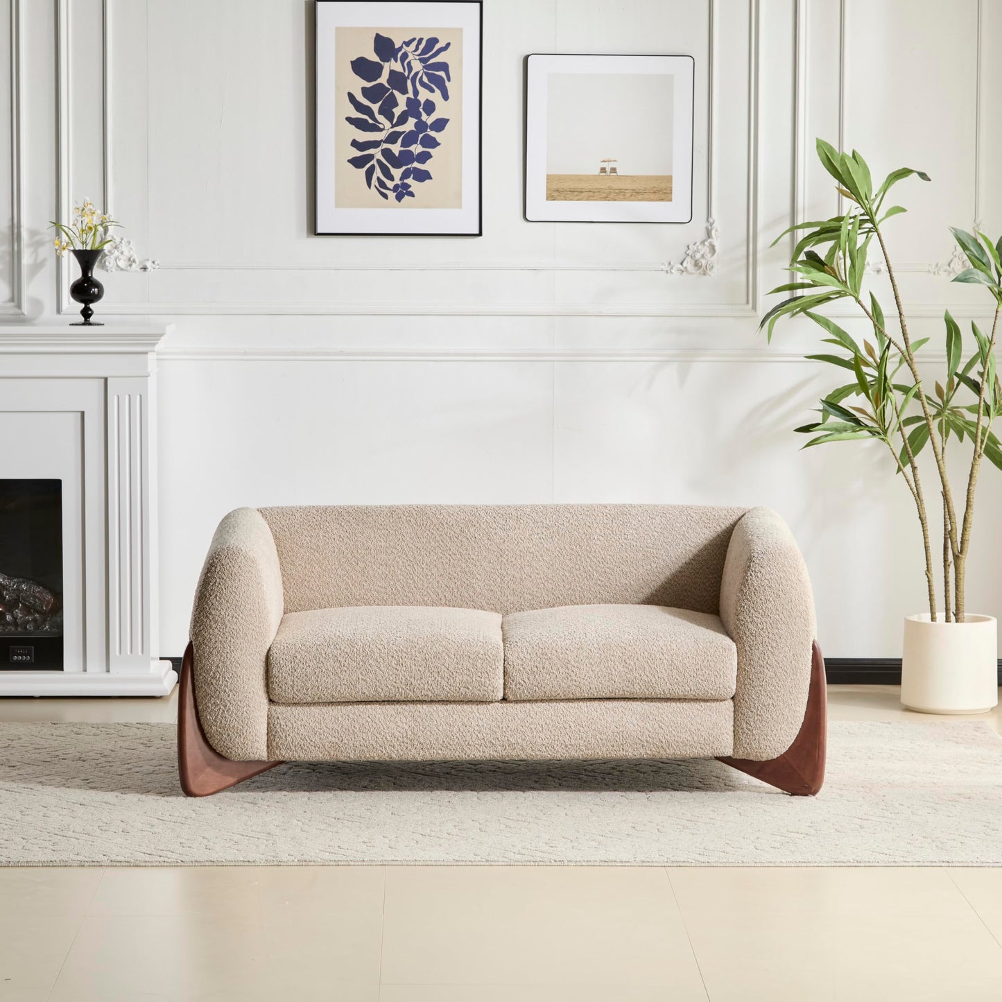 Merax 63 Inch Modern Boucle Upholstered 2-Seater Sofa, Chenille Fabric Loveseat with Solid Wood Legs, Low Profile Small Couch for Living Room, Almond