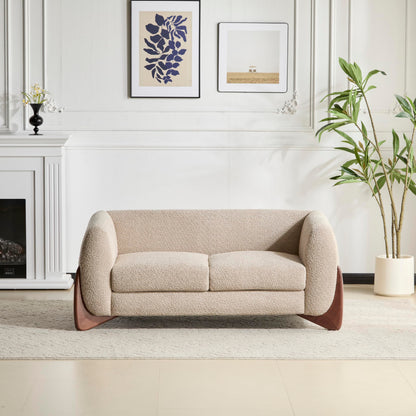Merax 63 Inch Modern Boucle Upholstered 2-Seater Sofa, Chenille Fabric Loveseat with Solid Wood Legs, Low Profile Small Couch for Living Room, Almond