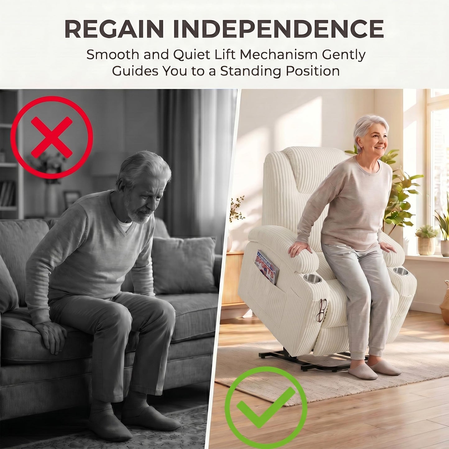 Flamaker Power Lift Chair Massage Recliner Chairs for Elderly, Corduroy Ergonomic Design with Cup Holders & Side Pockets, Remote Control (White)