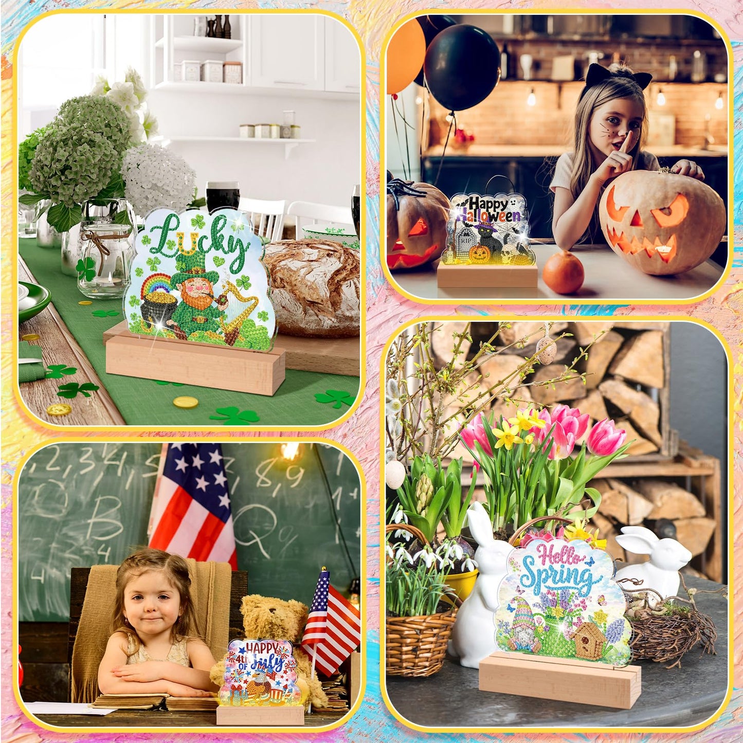 Chunful 26 Pcs Interchangeable Seasonal Diamond Art Tabletop Holiday Diamond Art Painting Kit with Wooden Light Base for Table Tiered Tray Home Office Tabletop Centerpiece Decor