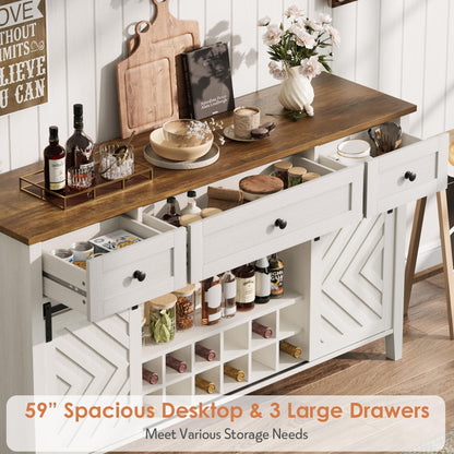 IDEALHOUSE 59'' Farmhouse Buffet Cabinet with Sliding Barn Door, 33.4'' Tall Wood Rustic Sideboard with 3 Drawer, Adjustable Shelf and Removable Wine Rack for Dining Room, Kitchen, White