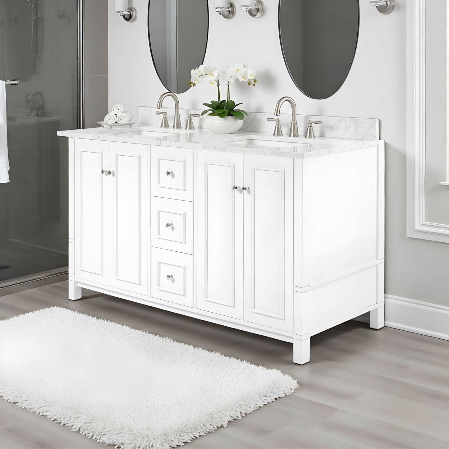 Alaterre Furniture Williamsburg 60 Inch Double Sink Bathroom Vanity - Freestanding Cabinet Without Top - Large Soft-Close Wood Vanity (White)