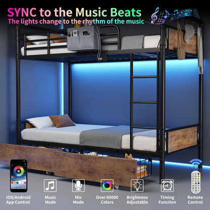 Jocoevol Metal LED Bunk Bed Twin Over Twin with 2 Storage Drawers, USB Charging Station, Industrial Bunkbeds Heavy Duty Bed with Safety Guardrail and Ladder, No Box Spring Needed, Vintage Brown