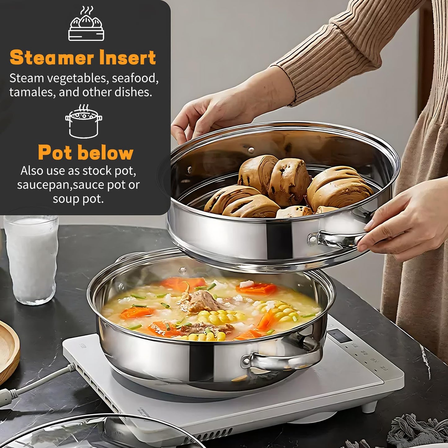 2-Tier 28cm 304 Stainless Steel Steamer Pot with Glass Lid,for Dumplings, Seafood, Veggie Stews & Homemade Soups