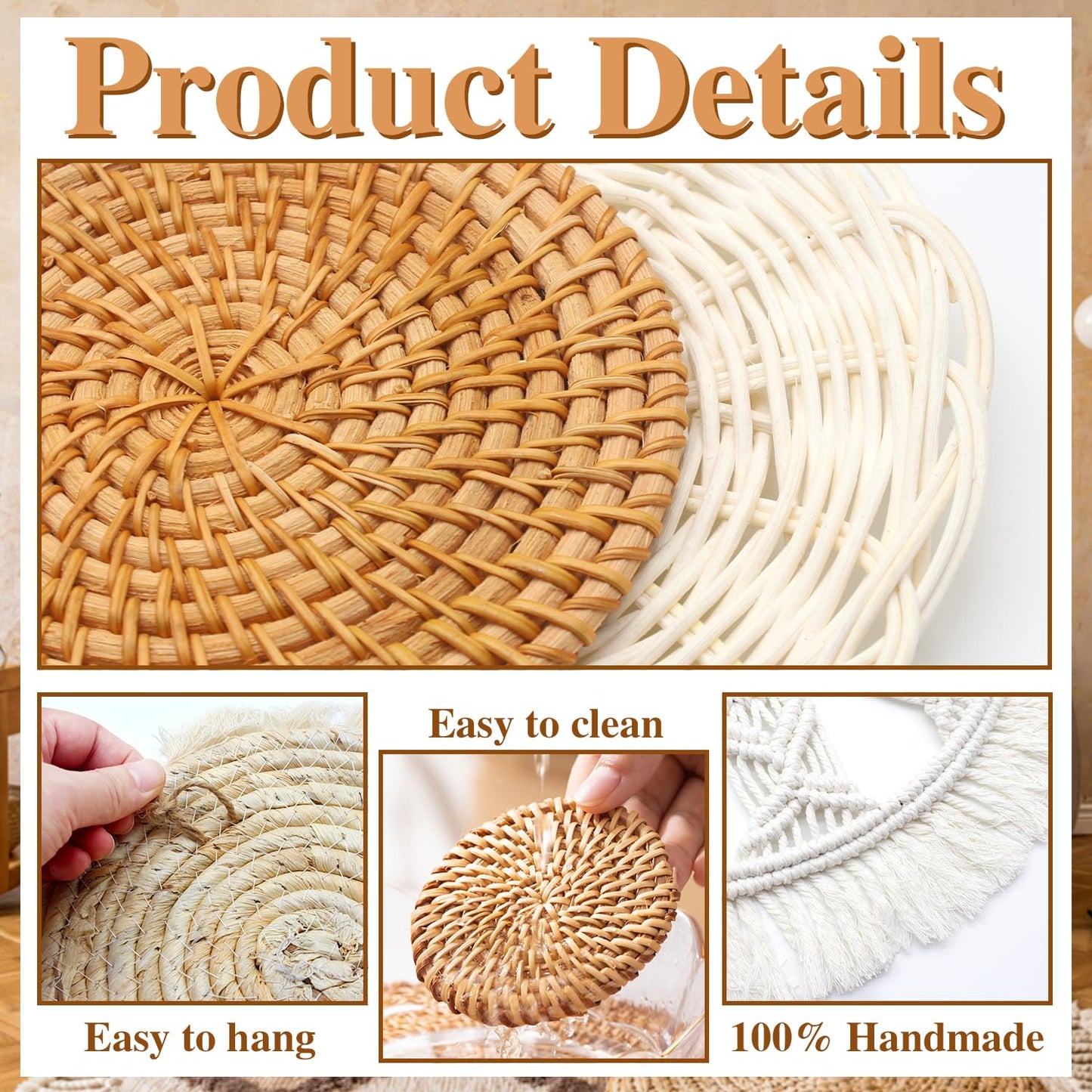 iChuan Boho Wall Hanging Basket Decor Set – 10-Piece Macrame and Woven Wall Art, Handmade Tapestry Wall Decor Seagrass Ornaments Round Tassels for Living Room, Bedroom, Nursery