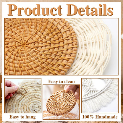 iChuan Boho Wall Hanging Basket Decor Set – 10-Piece Macrame and Woven Wall Art, Handmade Tapestry Wall Decor Seagrass Ornaments Round Tassels for Living Room, Bedroom, Nursery