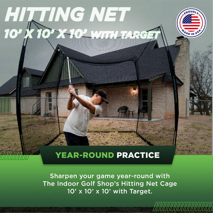 The Indoor Golf Shop - Hitting Net Cage 10' x 10' x 10' with Target Knotless Golf Net Cage for Indoor and Outdoor Practice - Arrives Ready to Assemble and Use