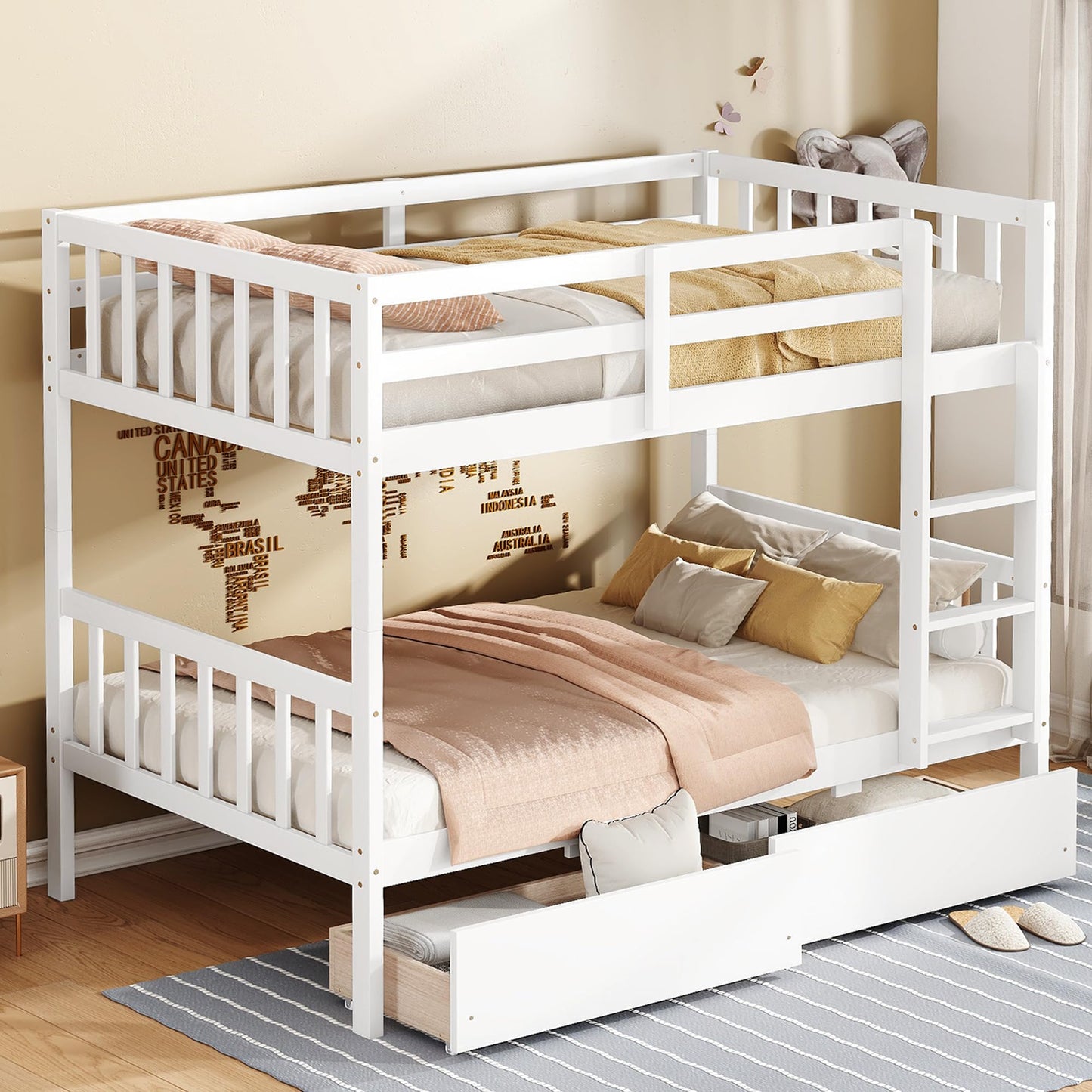 MERITLINE Wood Bunk Bed with Drawers, Convertible Bunk Bed with Ladders and Two Storage Drawers, Solid Wood Detachable Bedframe with Guardrails, Twin Over Twin, White