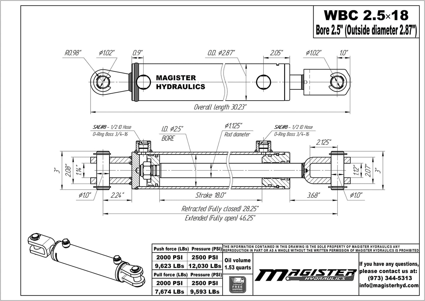 Magister Hydraulics Double Acting Hydraulic Cylinder - AG Clevis Hydraulic Cylinder 2500 PSI tie-Rod Alternative 2.5" bore 18" Stroke (2.5x18)