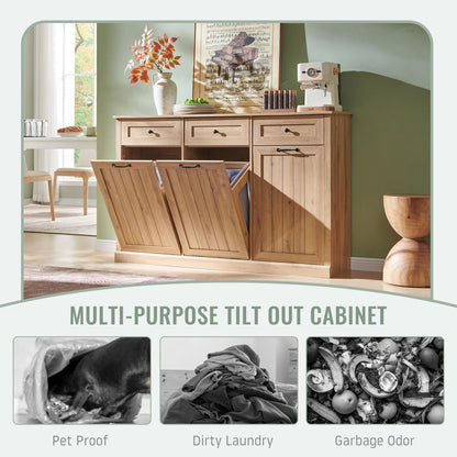 IFBUY Triple Tilt Out Laundry Hamper Cabinet, 20 Gallon Farmhouse Trash Can Cabinet w/Drawer & Adjustable Shelf, Hidden Garbage Can Bin Cabinets w/Laundry Basket for Bathroom, Kitchen (Natural)