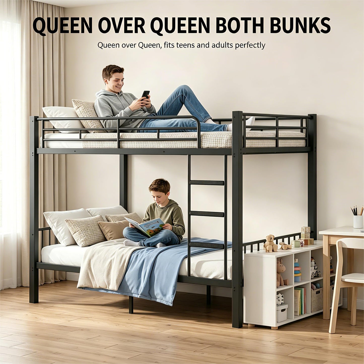Feetice Queen Over Queen Bunk Bed, Heavy Duty Metal Bunk Bed for Adults & Teens, 400/600lbs Capacity, Full-Length Top Guardrails, Anti-Slip Ladder, 9.8" Underbed, No Box Spring Needed