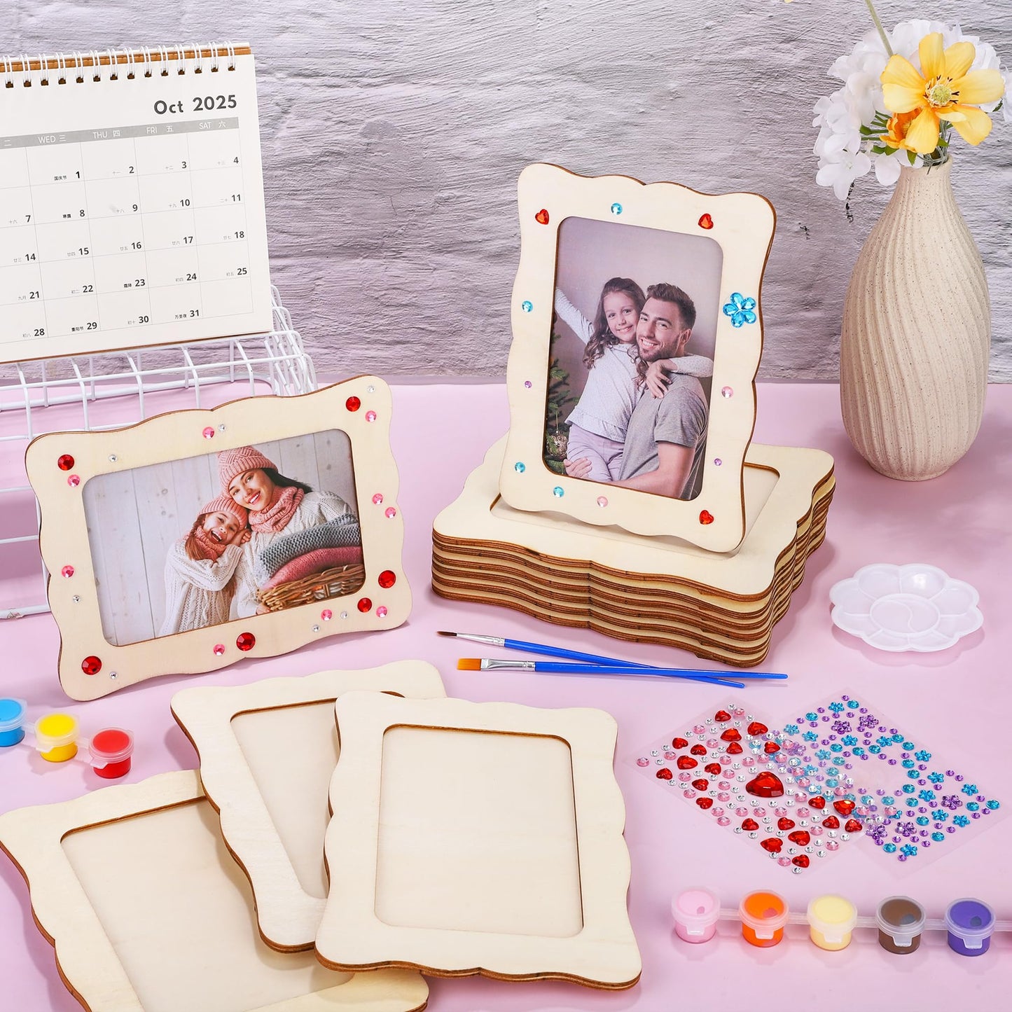 Fovths 12 Pcs Wooden Picture Frames, 7.5" x 5.5" Unfinished Wood Photo Frames with Stand, DIY Wooden Craft Frame with Stickers Painting Tools for Craft Paint and Decorate, Tabletop Display