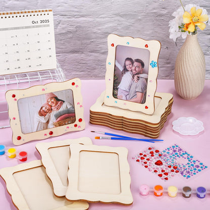Fovths 12 Pcs Wooden Picture Frames, 7.5" x 5.5" Unfinished Wood Photo Frames with Stand, DIY Wooden Craft Frame with Stickers Painting Tools for Craft Paint and Decorate, Tabletop Display