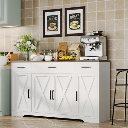 GAOMON Buffet Cabinet with Drawers, 55inch Wood Coffee Bar Large Sideboard Buffet Storage Cabinet with Shelves and Doors for Kitchen Dining Living Room,White/Rustic