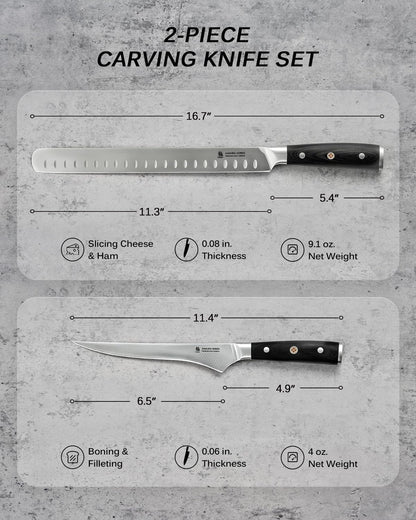 KYOKU 2pc Kitchen Knife Set, Samurai Series 6.5" Boning Knife & 12" Slicing Knife Set, High Carbon Steel Japanese Style Knives with Pakkawood Handle Sheath for Meat Fruit Vegetable Dicing Carving