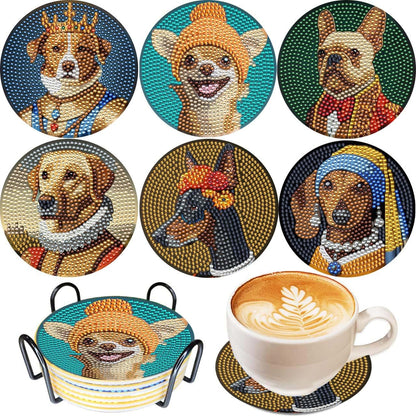 6 Pcs 5D DIY Dogs Diamond Paintings Coasters with Holder for Adults Beginners, Round Full Drill Diamond Art Craft Supplies(Dogs QLBD-09)