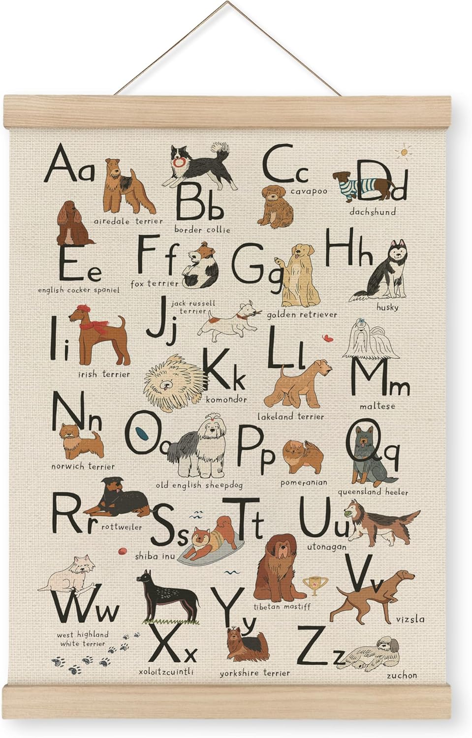 12x16 MAQIKA ABC Alphabet Chart Dog Poster Framed with Wood Hanger,Alphabet Banner, Alphabet Abc Poster