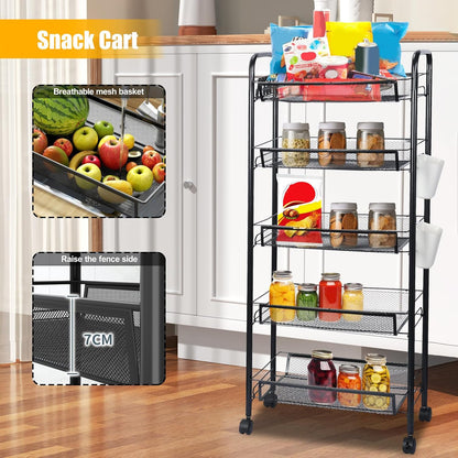 5 360 41 Inch Fruit Vegetable Basket Storage Cart Tier Snack Cart Stackable Metal Mesh Vegetable Organizer with Degree