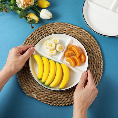 mekueeex Ceramic Divided Plates Set of 2Pcs, 8 Inch Portion Control Plate, Reusable Bariatric Plate for Adults, 3 Compartment Plates, White Dinner Plates for Balanced Meal, Microwave, Dishwasher Safe