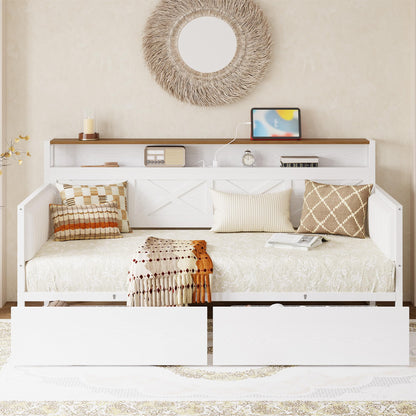 IRONCK Twin Size Daybed with Storage Drawers, Sturdy Metal Bed Frame with X-Shaped Headboard and Charging Station, Upholstered Farmhouse Daybed for Living Room, Bedroom, and Guest Room, White/Walnut