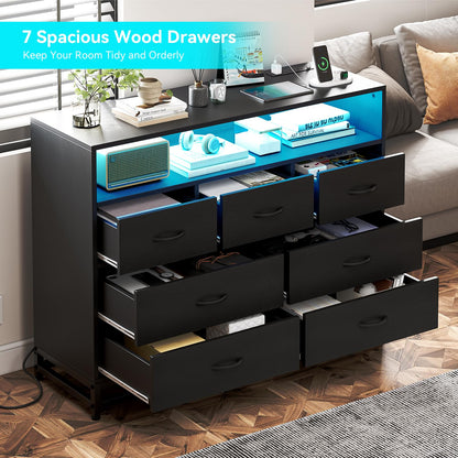 IDEALHOUSE Black 7-Drawer Dresser for Bedroom – Modern Long Dresser with Charging Station & LED Lights, Wooden Large Capacity Storage Chest, Wide Dresser for Living Room & Hallway