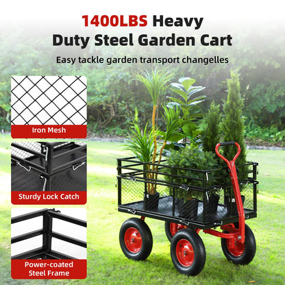 Garden Cart Steel Heavy Duty 1,400 LBS Yard and Garden Wagon with 16 Inch Tire and Adjustable Handle, Attach to ATV or Tractor, Black & Red