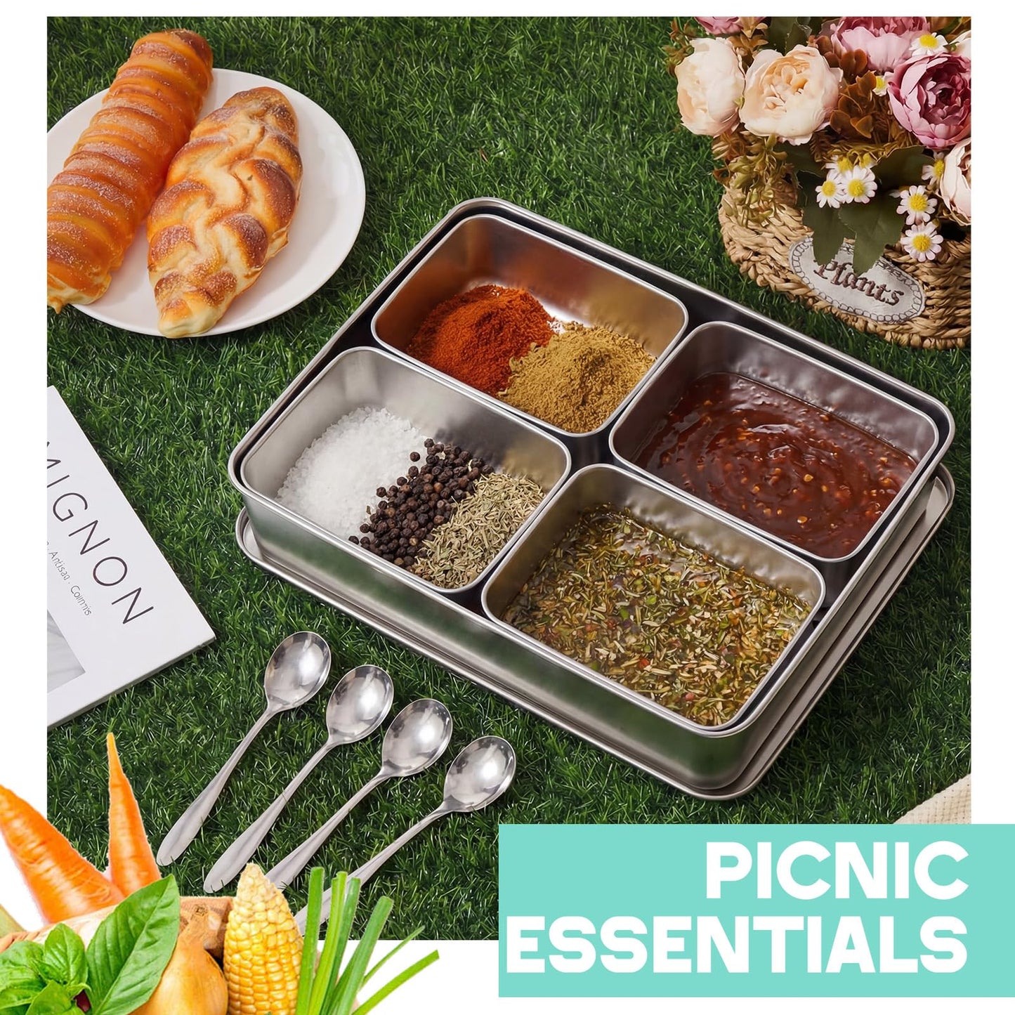 Boao 4 Compartment 304 Yakumi Pans Stainless Steel Seasoning Condiment Container with Lids Spoons, Japanese Yakumi Pans Mini Sauces Salad Dressings Storage for Food, Herbs, Spices
