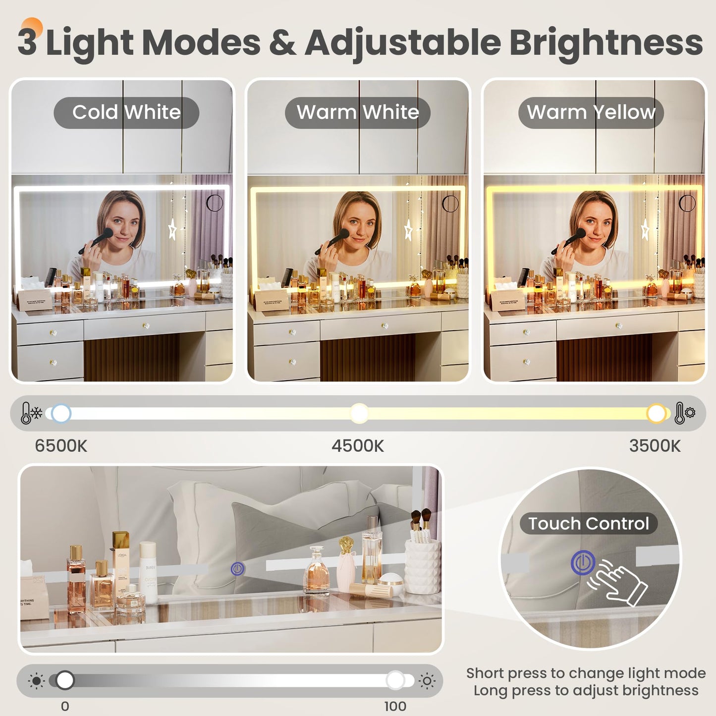 Pamapic Glass Top Makeup Vanity with Crystal Handles, 11 Drawers Vanity Desk with Mirror and Stool, 3 Lighting Modes Dressing Table with Charging Station, White