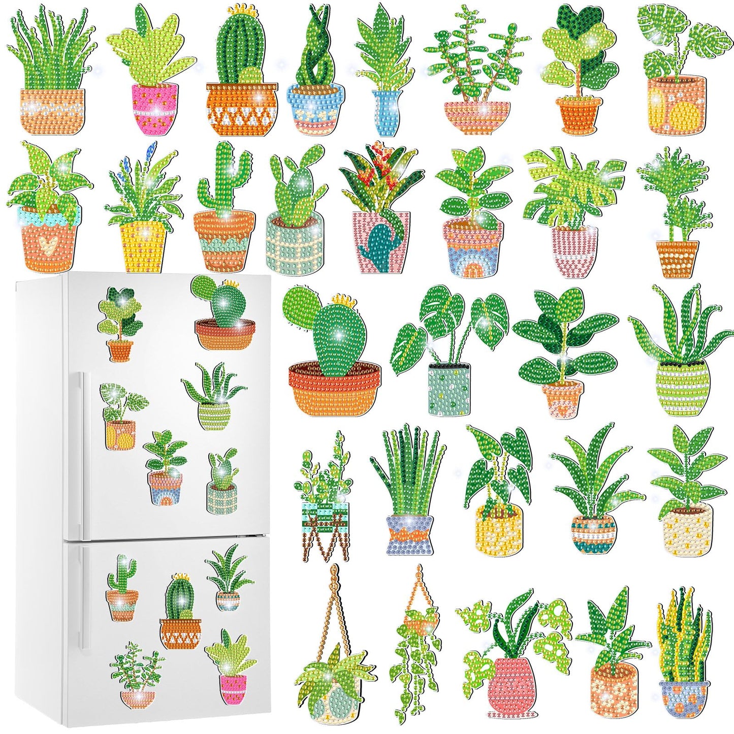 Xuhal 30 Pcs Potted Plants Diamond Painting Magnets Green Plants Diamond Art Magnet Kits for Adults Green Refrigerator Magnetic Sticker 5D Rhinestone Fridge Stickers for DIY Crafts Beginners Gifts