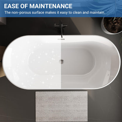 67" Free Standing Tub, Acrylic Soaking Bathtub, Stand Alone Freestanding Tub with Matte Sliver Drain and Overflow, Contemporary Bathtub for Bathroom, Flora