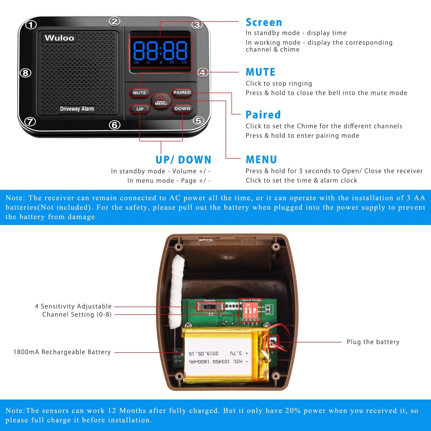 Wireless Driveway Alarm 1800 Feet Long Range Motion Sensor Alert System Driveway Detector for Home with 1800mAh Rechargeable Battery (1&3-Brown)