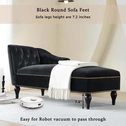 GDFStudio 58" Upholstered Chaise Lounge Chair Indoor, Modern Velvet Lounge Chaise with Button Tufted Arm, Nailhead Trim & Solid Wood Legs, Sleeper Bed Recliner Chair for Living Room Bedroom, Black