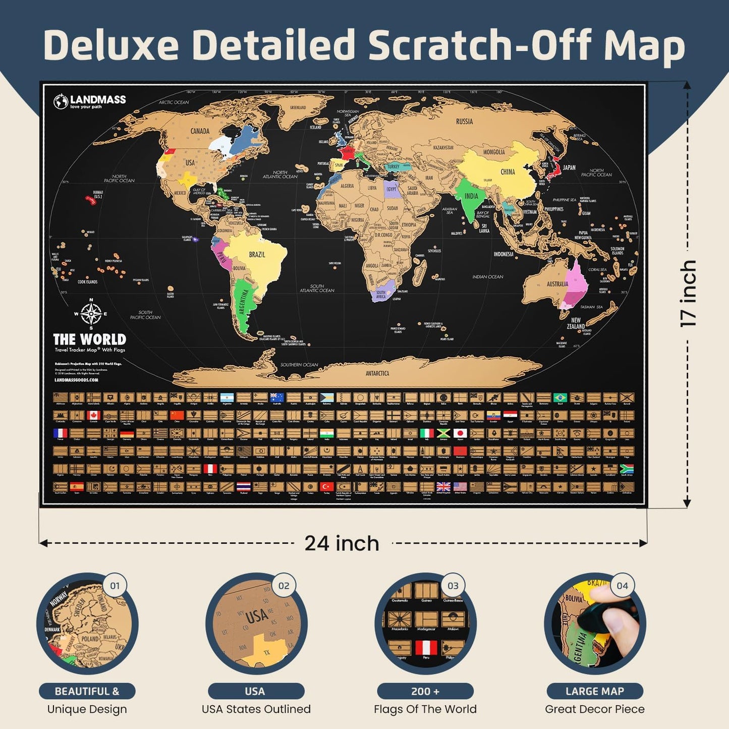 Landmass Scratch Off World Map, Deluxe Travel Tracker with Flags, 17x24 Inches Wall Art for Home or Office