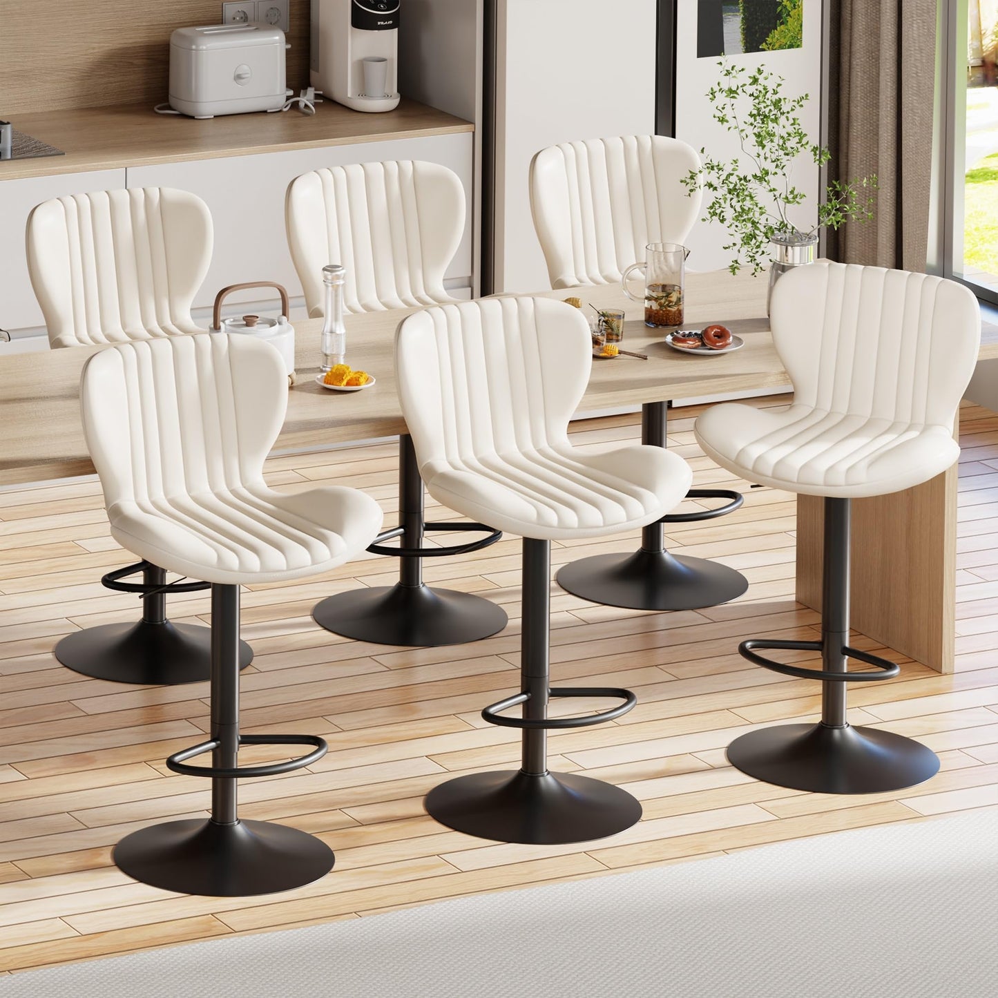 Shintenchi Bar Stools Set of 6 Modern Swivel Bar Chairs, Counter Height Faux Leather Metal Barstools, Upholstered Island Chairs with Back and Footrest, Beige