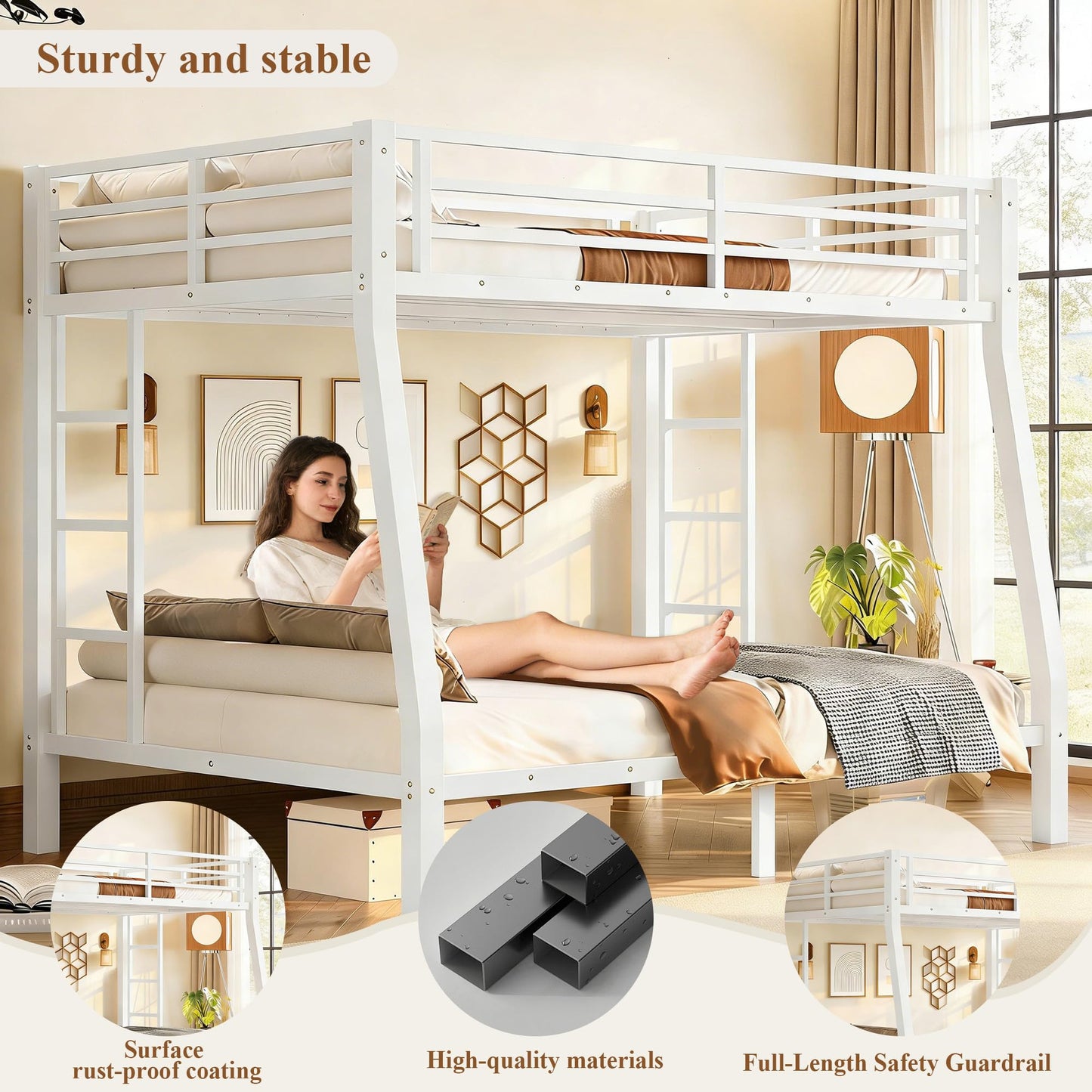 Full XL over Queen Metal Bunk Beds for Kids Teens Adults, Heavy-duty Metal Bunk Bed Frame with Guardrails, Ladders & Under-bed Storage for Bedroom Guest Room Dorms, Space-saving/Noise-reduce, White