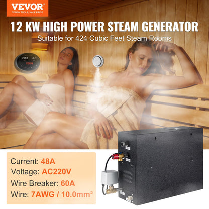 VEVOR Steam Shower Generator, 12 kW, Segmented Heating System with Temperature Customization & 24h Timer, Automatic Drainage Steam Bath Kit for Home Use