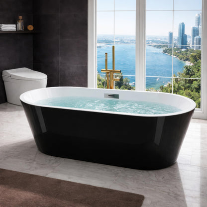 59" Free Standing Tub, Acrylic Soaking Bathtub, Stand Alone Freestanding Tub with Matte Sliver Drain and Overflow, Contemporary Bathtub for Bathroom, Black