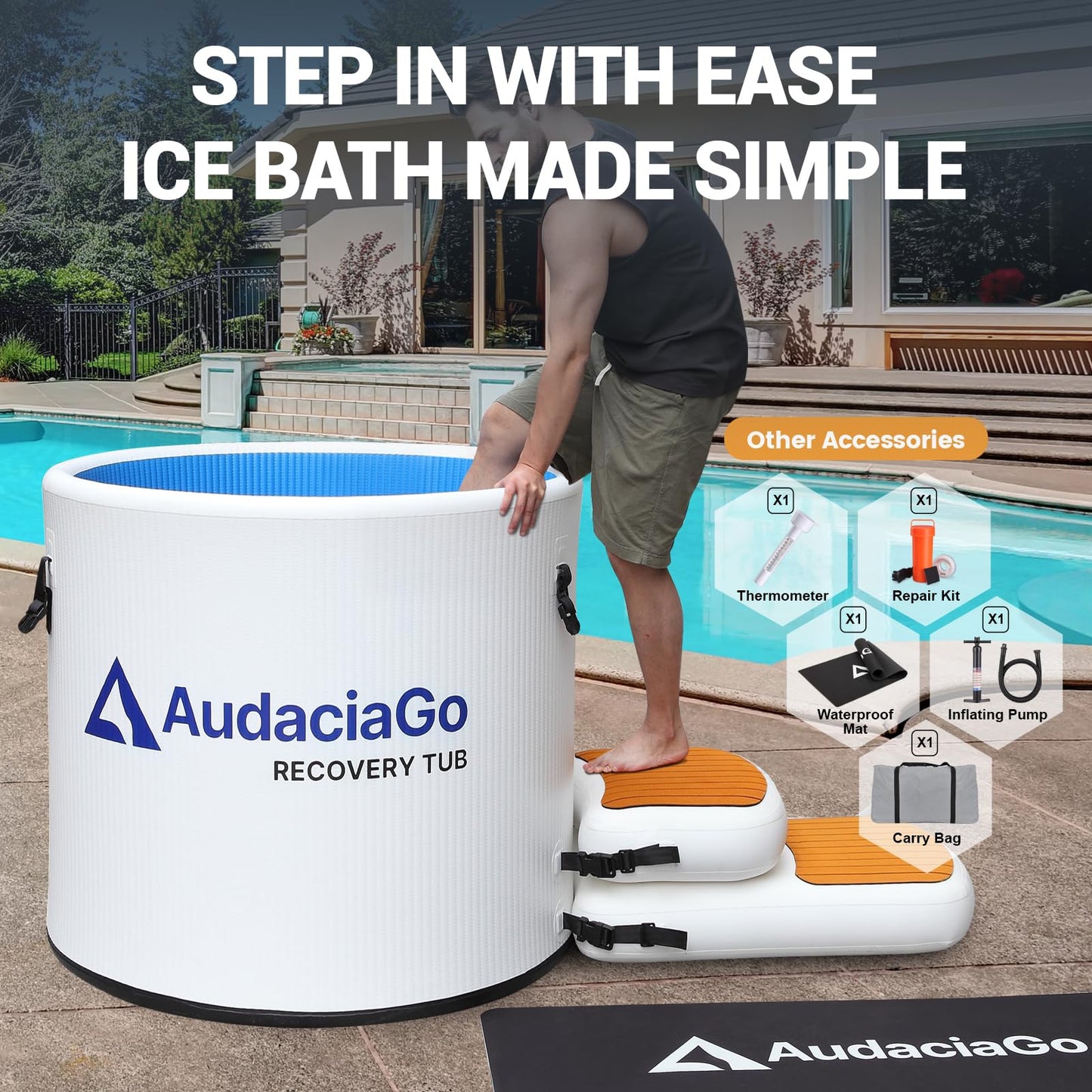 XXL Ice Bath Tub for Athletes, Compatible with Water Chillers, 186-Gallon Inflatable Cold Plunge Tub with Insulated Lid, Step, Water-Absorbent Mat, Portable for Outdoor & Indoor Recovery