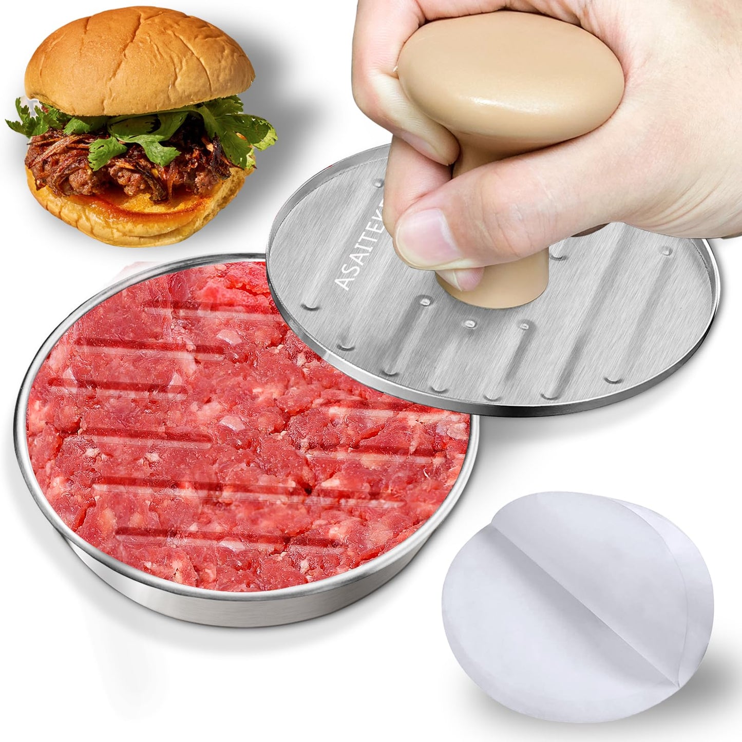 DSTHISAR Burger Press, 5”Stainless Steel Hamburger Press Patty Maker, Non-Stick Hamburger Press for Making Patties, for Grilling and Cooking, Comes with 100 Pieces of Wax Paper