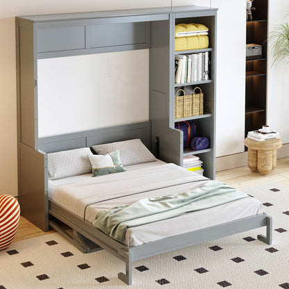 Ball & Cast Murphy Bed Chest Full Size,Hideaway Wall Bedframe with Desk and Bookshelf,Space Saving Cabinet Bed w/Shelf,Slat Support,can be Folded,Bedroom Furniture for Small Space,Gray