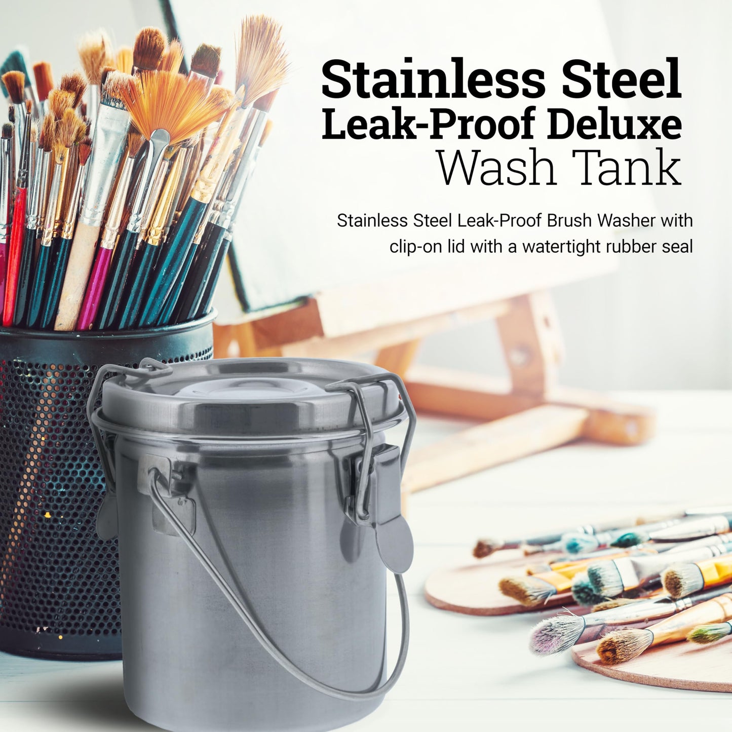 U.S. Art Supply Stainless Steel Leak-Proof Deluxe Paint Brush Washer with Wash Tank, Clip-On Lid, and Strainer Cup - Oil Paint Brush Cleaner for Artists