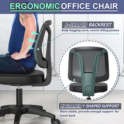 KIZECK Armless Office Desk Chair No Arms with Back Support Rolling Wheels for Home Study Work