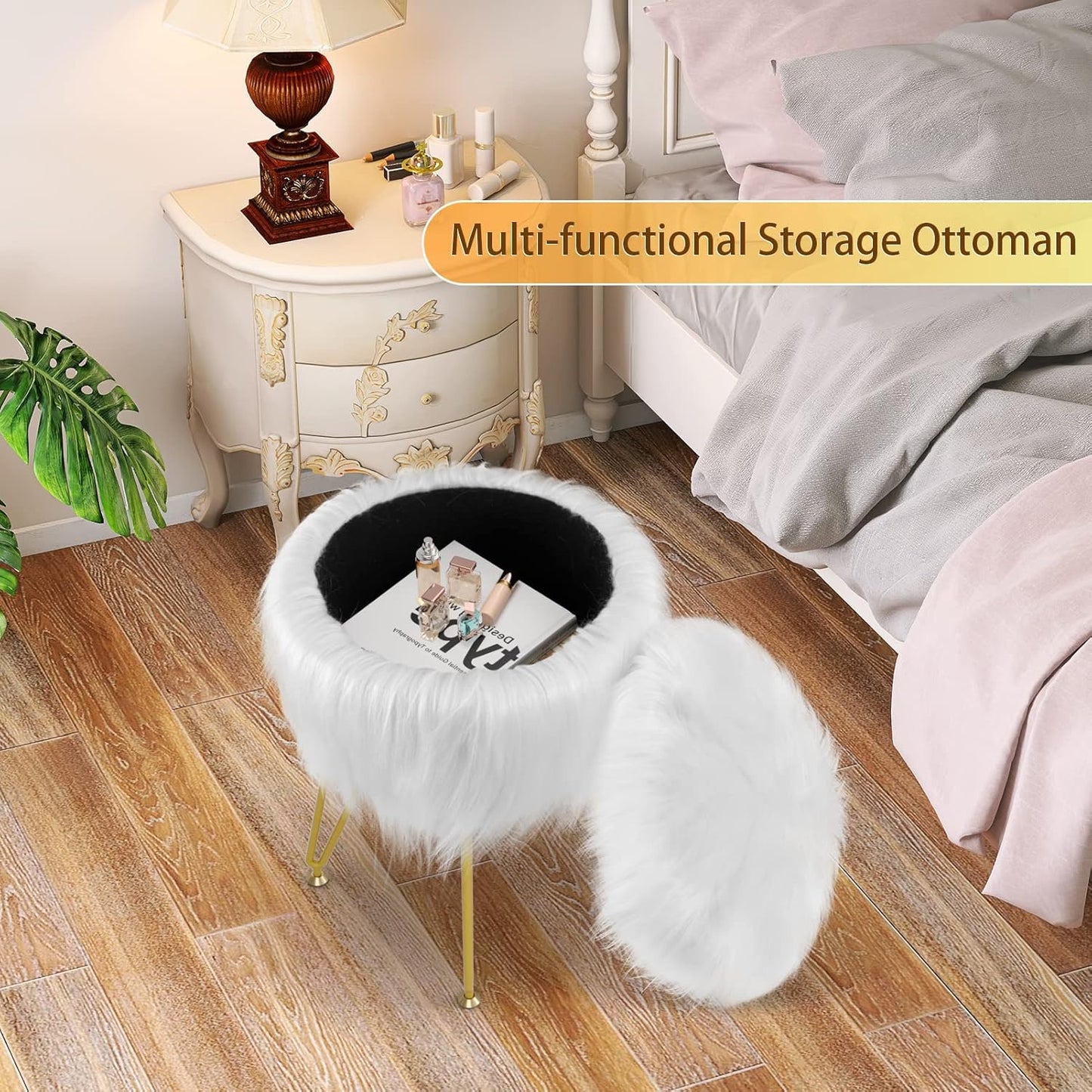 4 Vanity Stool Chair with Storage, Faux Fur Makeup Room Seat Stool, Soft Padded Seat, Round Footrest Footstools