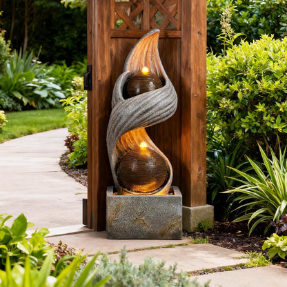 42.9"H Large Indoor Water Fountains,Modern Spiral Water Fountain Outdoor with Dual Spheres Zen Water Feature Floor Fountain with Light LED Waterfall for Outside Deck, Patio, Porch, Garden, Yard Decor