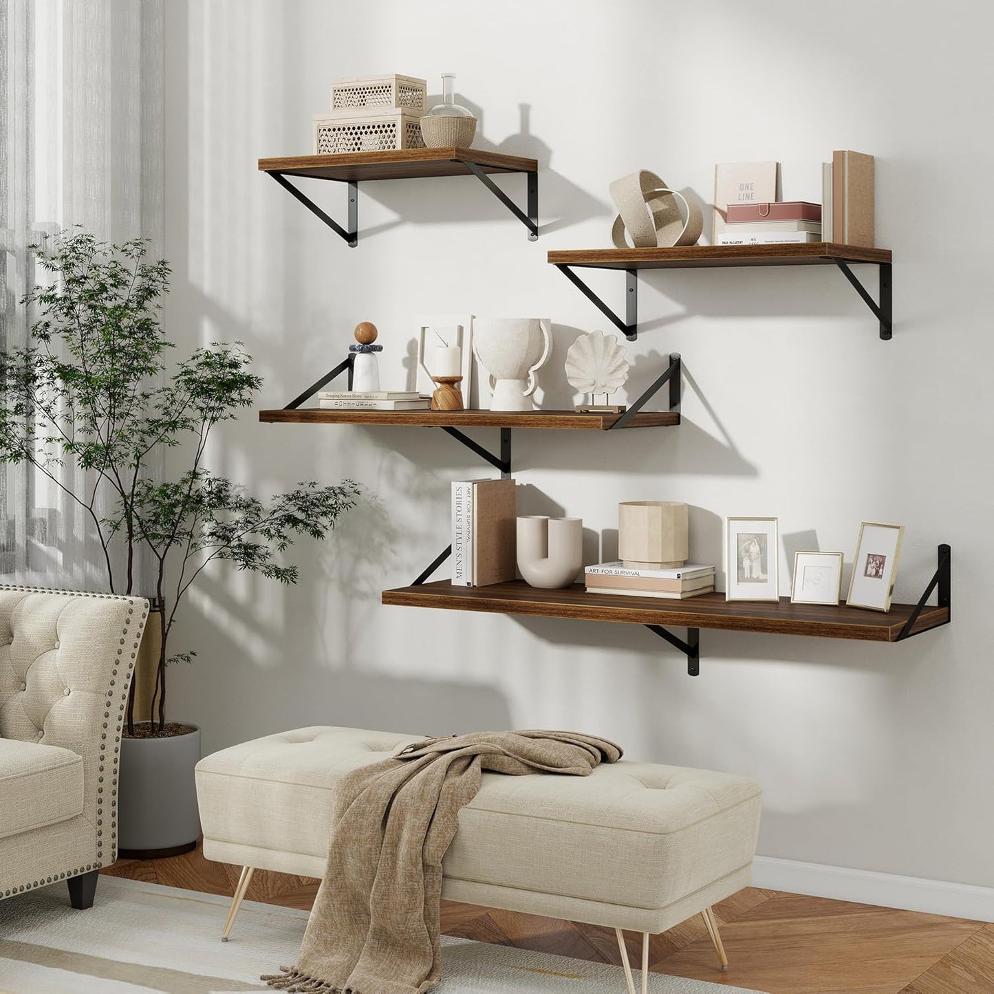12 Inch 16W 12D Set 2, Floating Shelves, Deep Rustic Wood Wall Storage, x Wall Shelves of Heavy Duty Metal Brackets